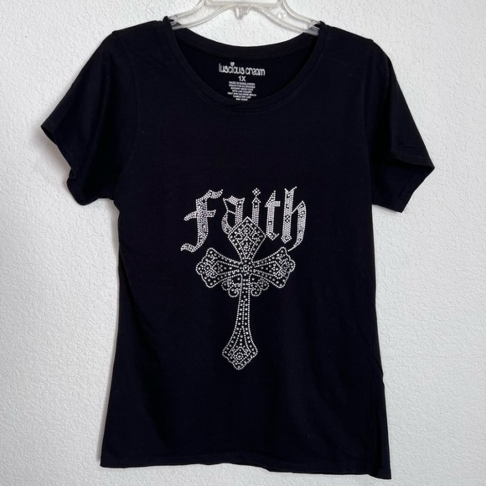 Luscious Cream Black & Sliver Faith Graphic Short Sleeve T-Shirt Rhinestones  1X